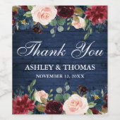 Rustiek Blauw Hout Bourgondië Bloemen Bruiloft Dan Wijn Etiket (Enkel label)