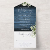 Rustiek Blauw Hout Groen Bloemen Bruiloft All In One Uitnodiging (Binnen)