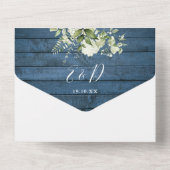 Rustiek Blauw Hout Groen Bloemen Bruiloft All In One Uitnodiging (Achterkant)