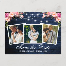 Rustiek Blauw Hout Roze Bloemen 3 Foto Save The Da Uitnodiging Briefkaart