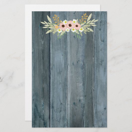 Rustiek Blauw Hout Roze en Groene Bloemen Briefpapier (Voorkant / Achterkant)