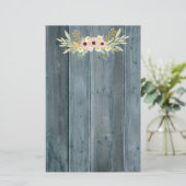 Rustiek Blauw Hout Roze en Groene Bloemen Briefpapier (Staand voorkant)