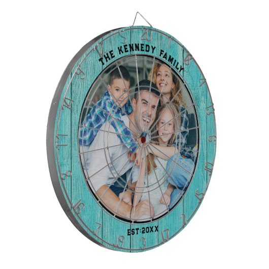 Rustiek Blauw Hout Strandhuis Familienaam Foto Dartbord (Voorkant Links)