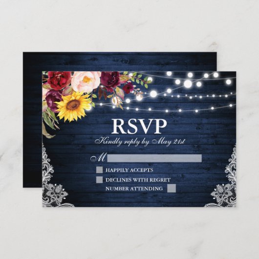 Rustiek Blauw Hout String Lichten Kant Bloemen Huw RSVP Kaartje (Voorkant / Achterkant)