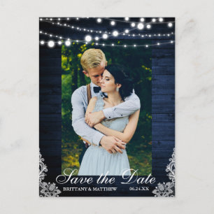 Rustiek Blauw Hout String Lights Lace Save the Dat Briefkaart