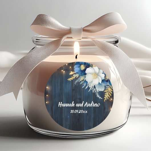 Rustiek Blauw Hout Wit Bloemen Huwelijk Ronde Sticker
