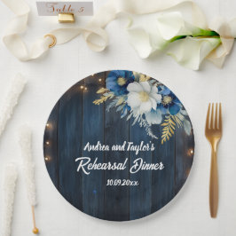Rustiek Blauw Hout Wit Bloemen Repetitie Diner Papieren Bordje