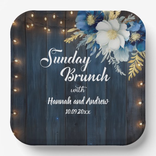 Rustiek Blauw Hout Wit Bloemen Zondag Brunch Papieren Bordje (Voorkant)