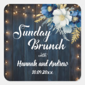 Rustiek Blauw Hout Wit Bloemen Zondag Brunch Vierkante Sticker (Voorkant)