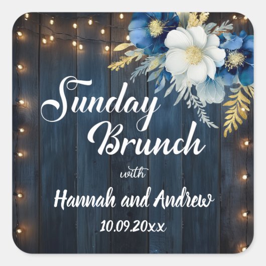 Rustiek Blauw Hout Wit Bloemen Zondag Brunch Vierkante Sticker (Voorkant)