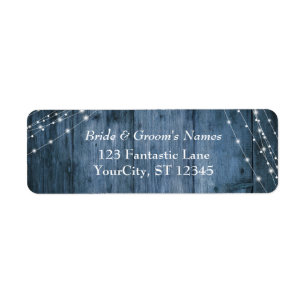 Rustiek Blauw Hout, Wit Licht Strings Bruiloft Etiket