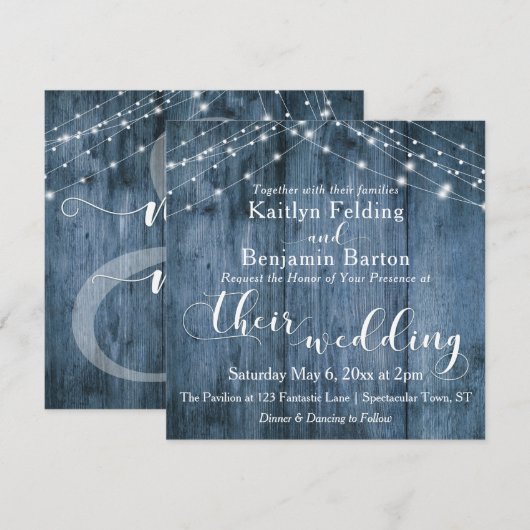 Rustiek Blauw Hout, Wit Licht Strings Bruiloft Kaart (Voorkant / Achterkant)