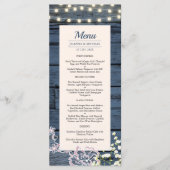 Rustiek Blauw Houten Koordlichten & Kantbruiloft Menu (Voorkant)