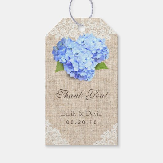 Rustiek Blauw Hydrangea Kant & Burlap Bruiloft Fav Cadeaulabel (Voorkant)