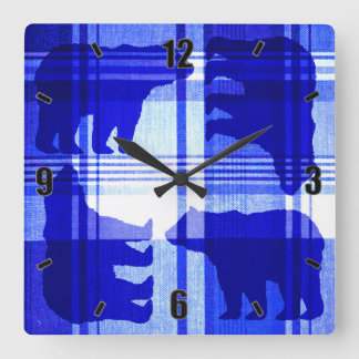 Rustiek blauw plaid beren vierkant wandklok vierkante klok