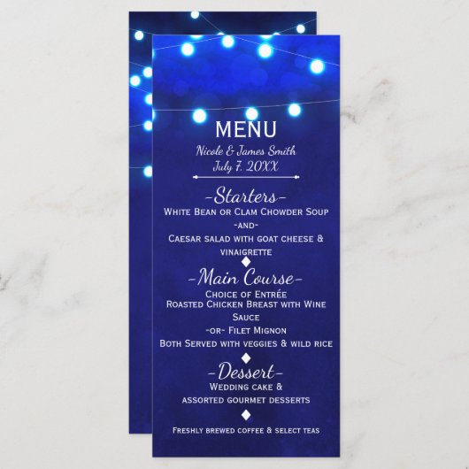 Rustiek Blauw String Lights Elegant Bruiloft Menu (Voorkant / Achterkant)