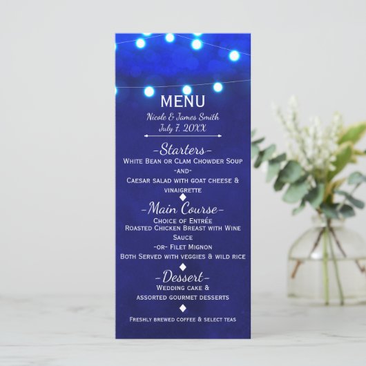 Rustiek Blauw String Lights Elegant Bruiloft Menu (Staand voorkant)