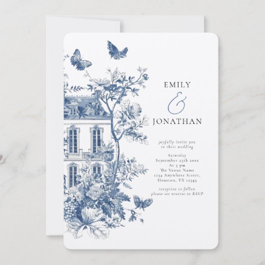 Rustiek Blauw Toile De Jouy QR Code Bruiloft Kaart (Voorkant)