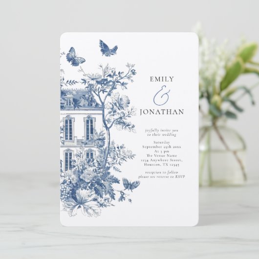 Rustiek Blauw Toile De Jouy QR Code Bruiloft Kaart (Staand voorkant)