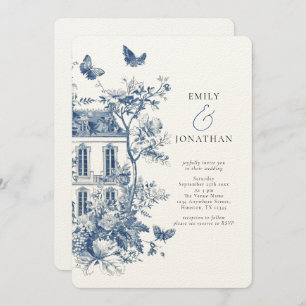 Rustiek Blauw Toile De Jouy QR Code Bruiloft Kaart