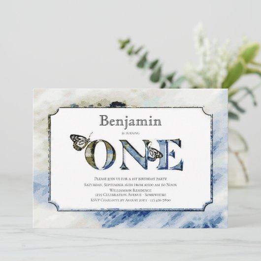 Rustiek Blauw Waterverf 1e Verjaardagsfeest Kaart (Staand voorkant)