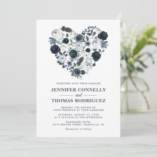 Rustiek Blauw Waterverf Bloemen Hart Wedding Kaart (Staand voorkant)