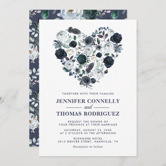 Rustiek Blauw Waterverf Bloemen Hart Wedding Kaart (Voorkant / Achterkant)