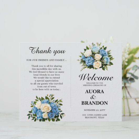 Rustiek Blauw-Wit Bloemen Trouwprogramma (Staand voorkant)