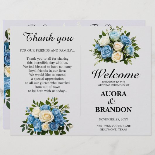 Rustiek Blauw-Wit Bloemen Trouwprogramma (Voorkant / Achterkant)