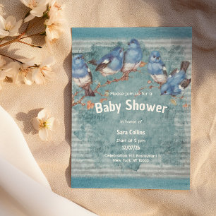 rustiek blauw wit vogelgestreept Baby shower Kaart