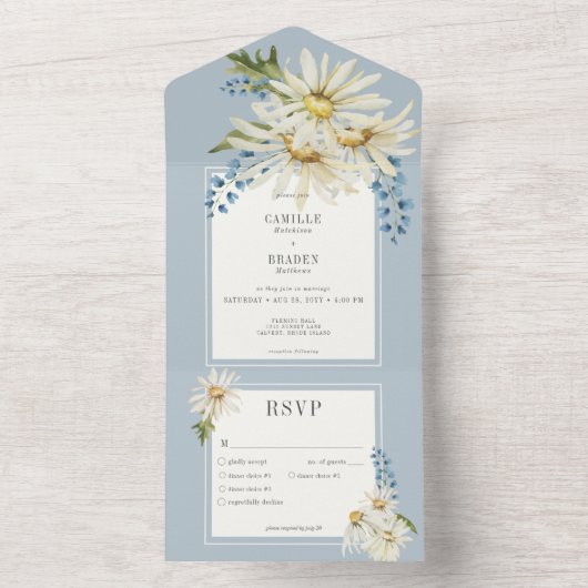 Rustiek Blauw & Wit Waterverf Daisies Diner All In One Uitnodiging (Binnen)