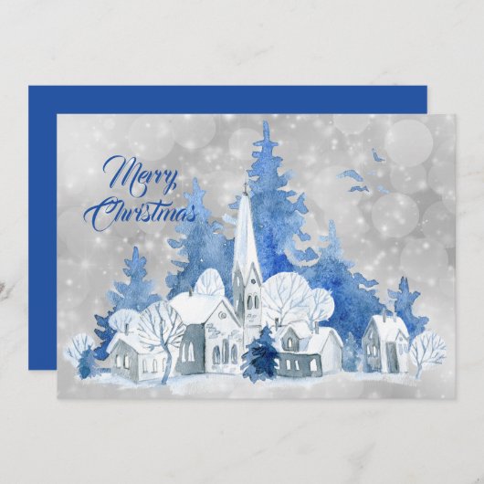 Rustiek Blauwe Kerkbomen Waterverf Kerst Flat Feestdagenkaart (Voorkant / Achterkant)