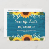 Rustiek Blauwgroen Hout Zonnebloem Bruiloft Save t Briefkaart (Voorkant / Achterkant)