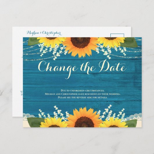 Rustiek Blauwgroen Hout Zonnebloem Bruiloft Verand Briefkaart (Voorkant / Achterkant)