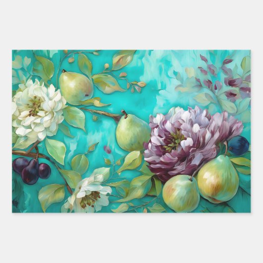  Rustiek Blauwgroen & Plum Bloemen Decoupage Papie Inpakpapier Vel (Voorkant 2)