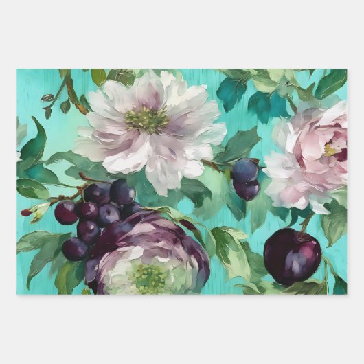  Rustiek Blauwgroen & Plum Bloemen Decoupage Papie Inpakpapier Vel (Voorkant)