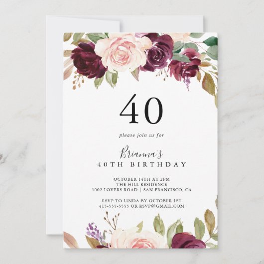 Rustiek Bloemen Botanisch 40e Verjaardagsfeest Kaart (Voorkant)