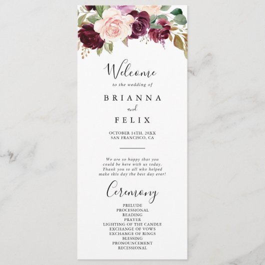 Rustiek Bloemen Botanisch Foliage Trouwprogramma Programma (Voorkant)