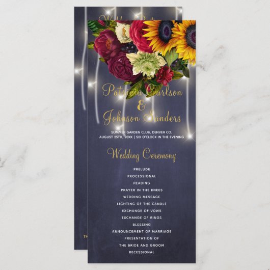 Rustiek bloemenbordeaux krijtbord bruiloft program programma (Voorkant / Achterkant)