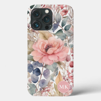 Rustiek Blush Roze Bloemen Waterverf Monogram iPhone 13 Pro Hoesje
