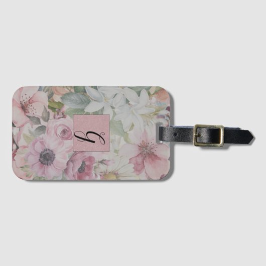 Rustiek Blush Roze Bloempatroon Monogram Bagagelabel (Voorkant (horizontaal))