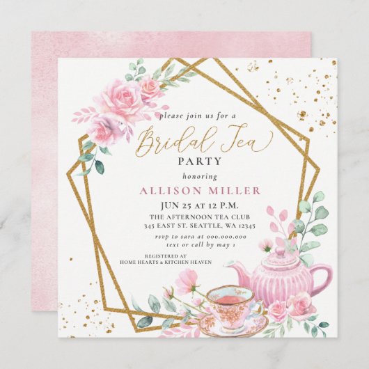 Rustiek Blush Roze Gouden Tea Party Vrijgezellenfe Kaart (Voorkant / Achterkant)