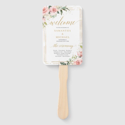 Rustiek blush roze rozen eucalyptus goud programma handwaaier (Voorkant)