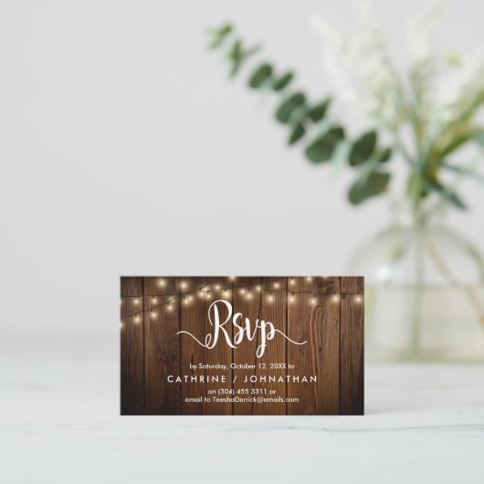 Rustiek Boerderij Hout, String Lights, RSVP reager Informatiekaartje (Staand voorkant)