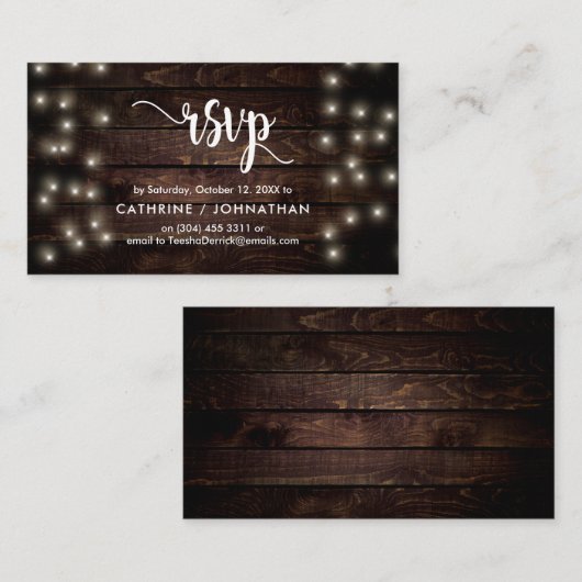 Rustiek Boerderij Hout, String Lights, RSVP reager Informatiekaartje (Voorkant / Achterkant)