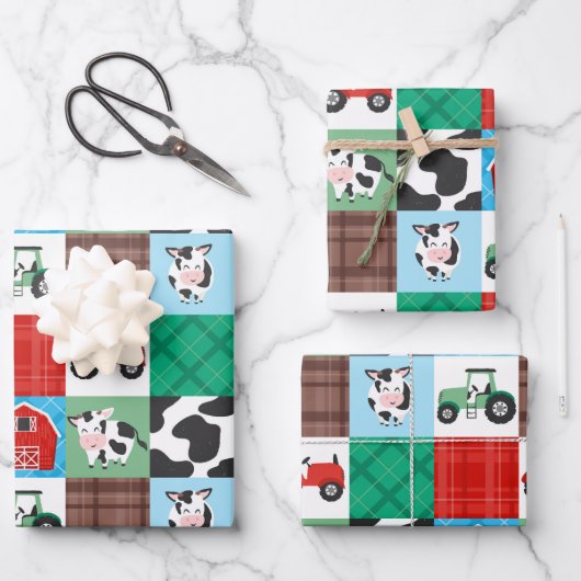 Rustiek Boerderij Patchwork Koe Plaid Kids Verjaar Inpakpapier Vel (Voorkant)