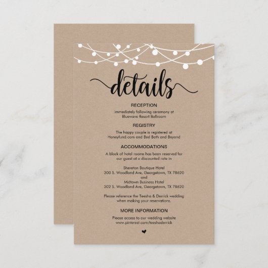 Rustiek Boerderij String Lights ontwerp, Wedding D Informatiekaartje (Voorkant / Achterkant)