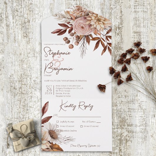 Rustiek Boho Blush Neutrals Bloemen Wit Diner All In One Uitnodiging
