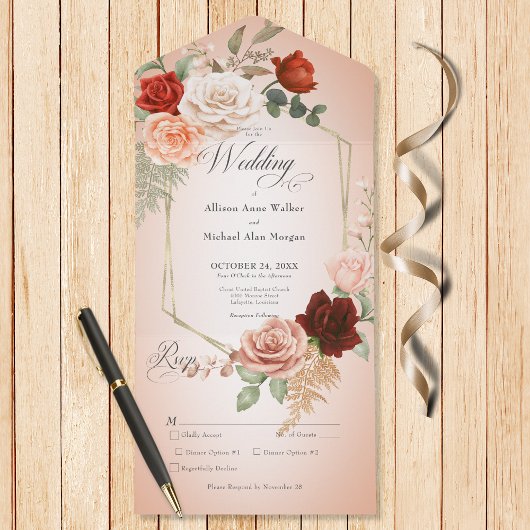 Rustiek Boho Rust & Perzik Bloemen Lijst Blush Din All In One Uitnodiging