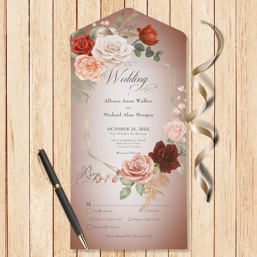 Rustiek Boho Rust & Perzik Bloemen Lijst Rust Dine All In One Uitnodiging